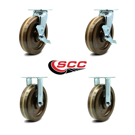 Service Caster 8 Inch High Temp Phenolic Caster Set with Roller Bearings 2 Brakes 2 Rigid SCC SCC-30CS820-PHRHT-TLB-2-R820-2